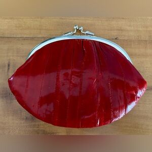 Vtg RED Genuine Eelskin Clutch Purse Kiss Lock Inner Coin Purse Korea GR8 Gift
